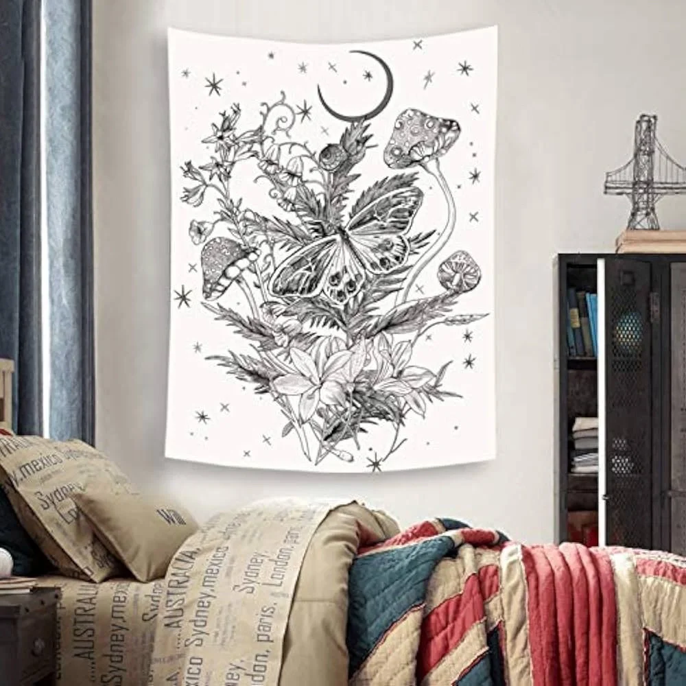 Fowocu Butterfly and Flower Vertical Tapestry Wall Black White Large